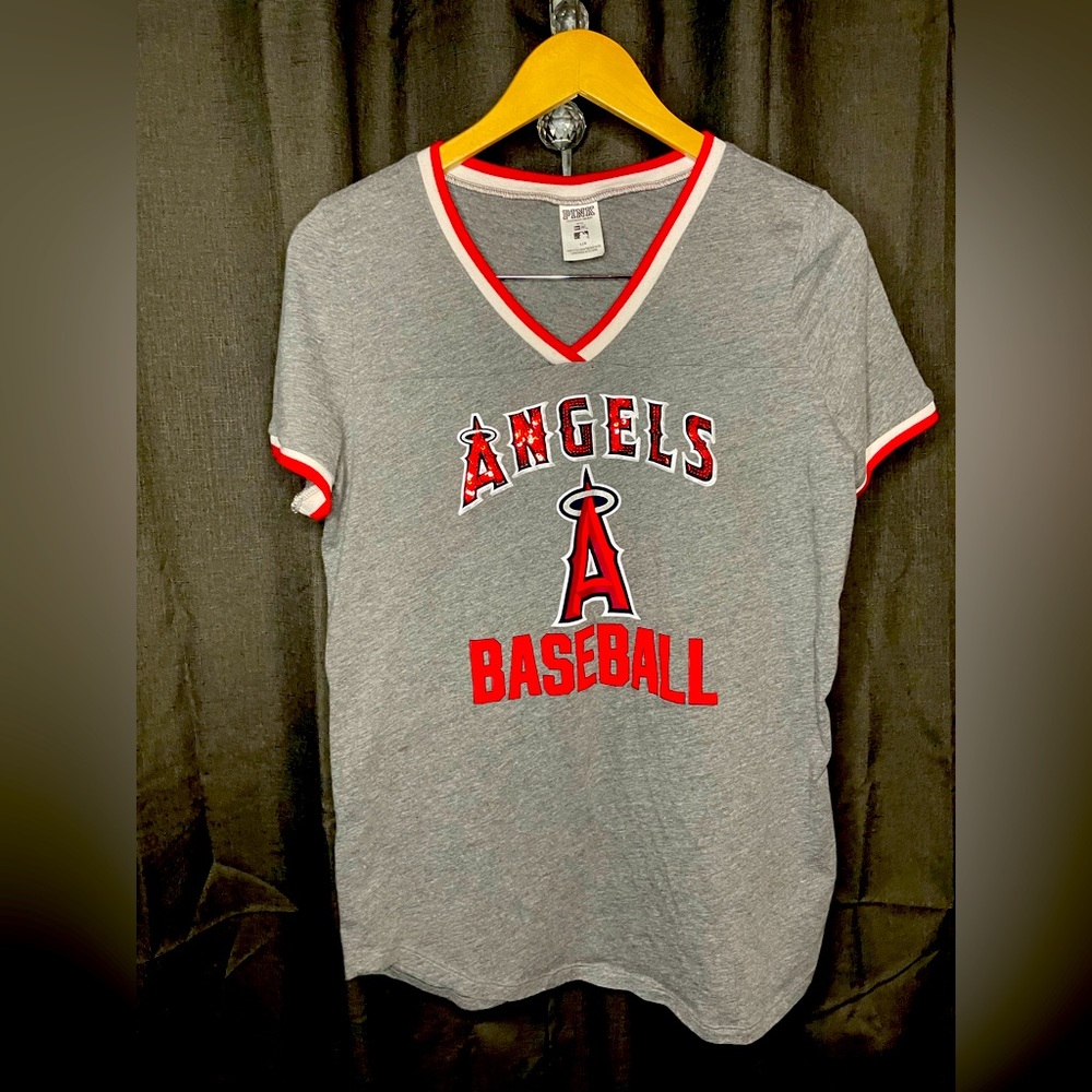 Anaheim Angels Victoria Secret PINK Ringer V-neck Sequins Gray T-shirt